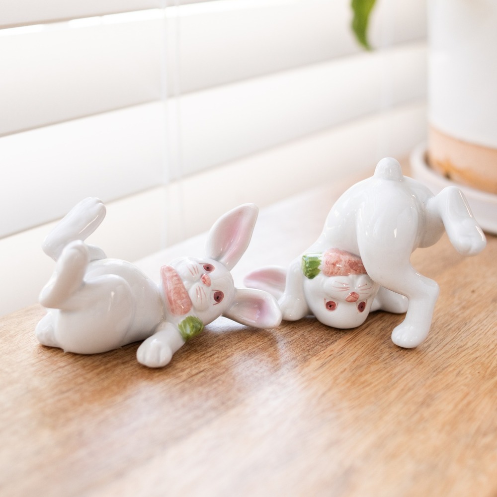Vintage 1978 Fitz & Floyd Bunny Rabbit Figurines Set 2 Hand Painted Japan Easter